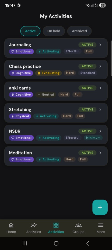Your activity library: the practices you defined, with tags that keep matching honest.