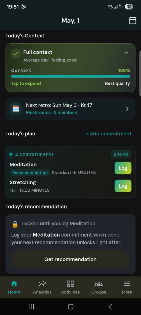 DoAble Home: full day context, today’s plan with commitments, recommendation lock when needed, and tab bar with Home, Analytics, Activities, Groups, and More.