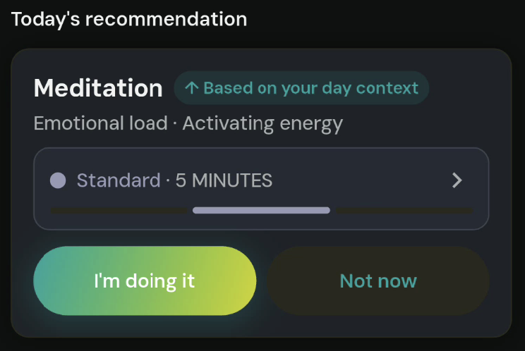 Today’s recommendation card: one activity from your list, dose, and actions to accept or skip.