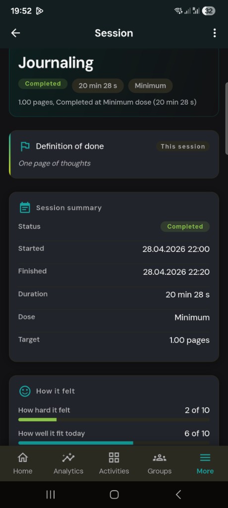 One session in full: what you did, how long, how it felt.